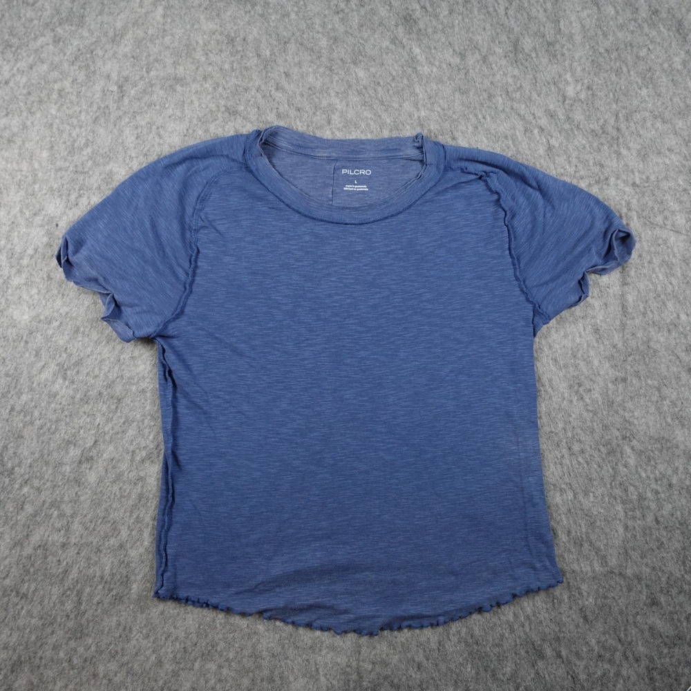 Pilcro Top Women Large Blue Cotton Modal Slub Knit Raw Hem Exposed Seam‎ Tee